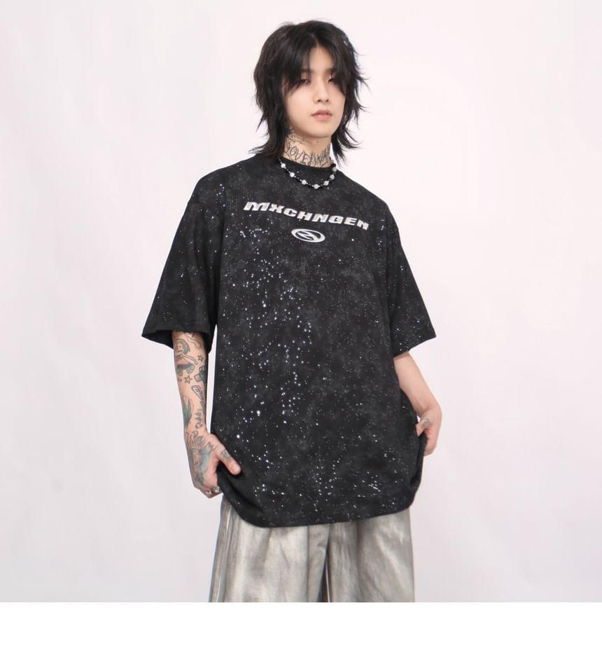 Short Sleeve Crew Neck Lettering Print Glitter T-Shirt Product Image