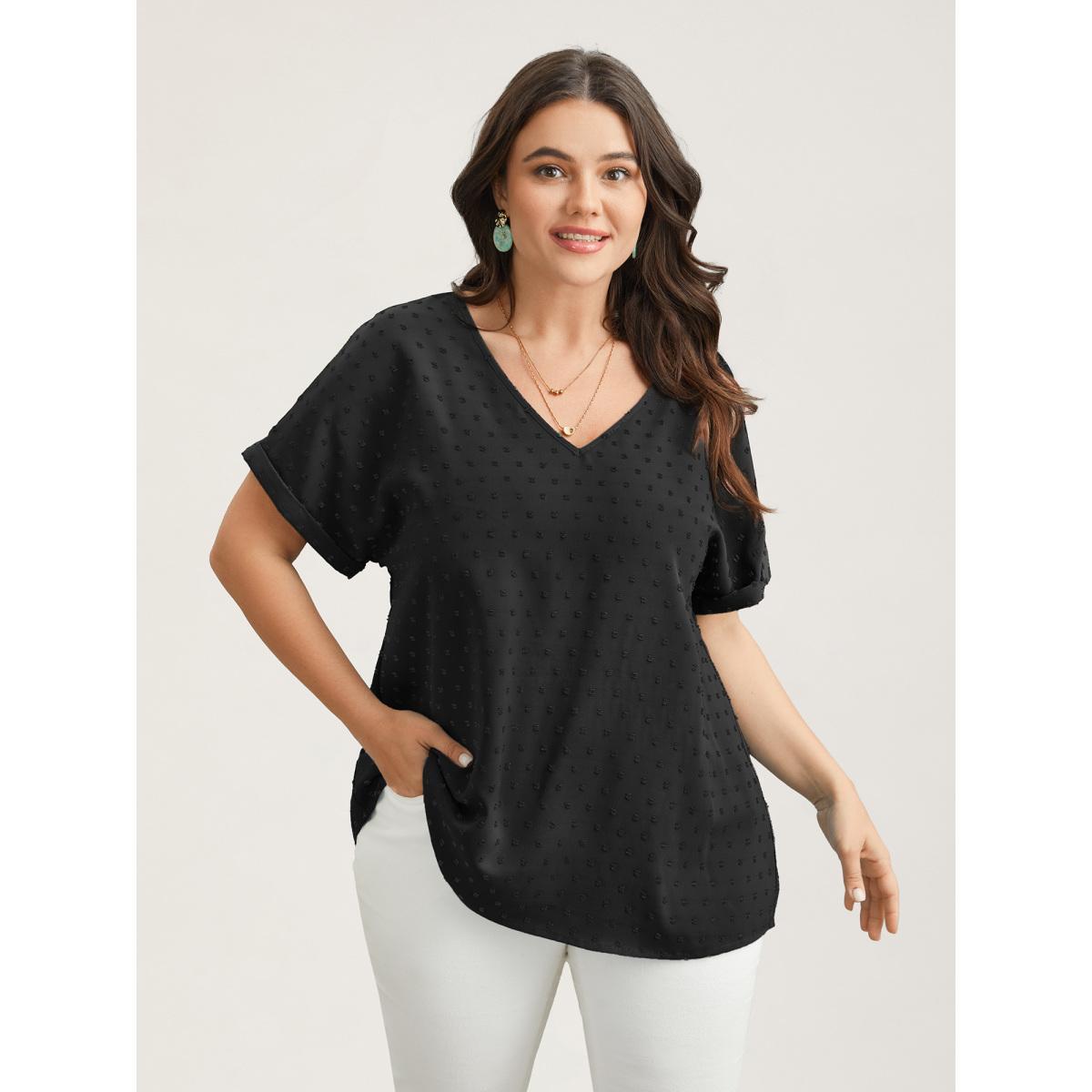 Plus Size Black Back-Button Textured V-Neck Shirt Women Elegant Short sleeve V-neck Everyday Blouses BloomChic 12/L Product Image