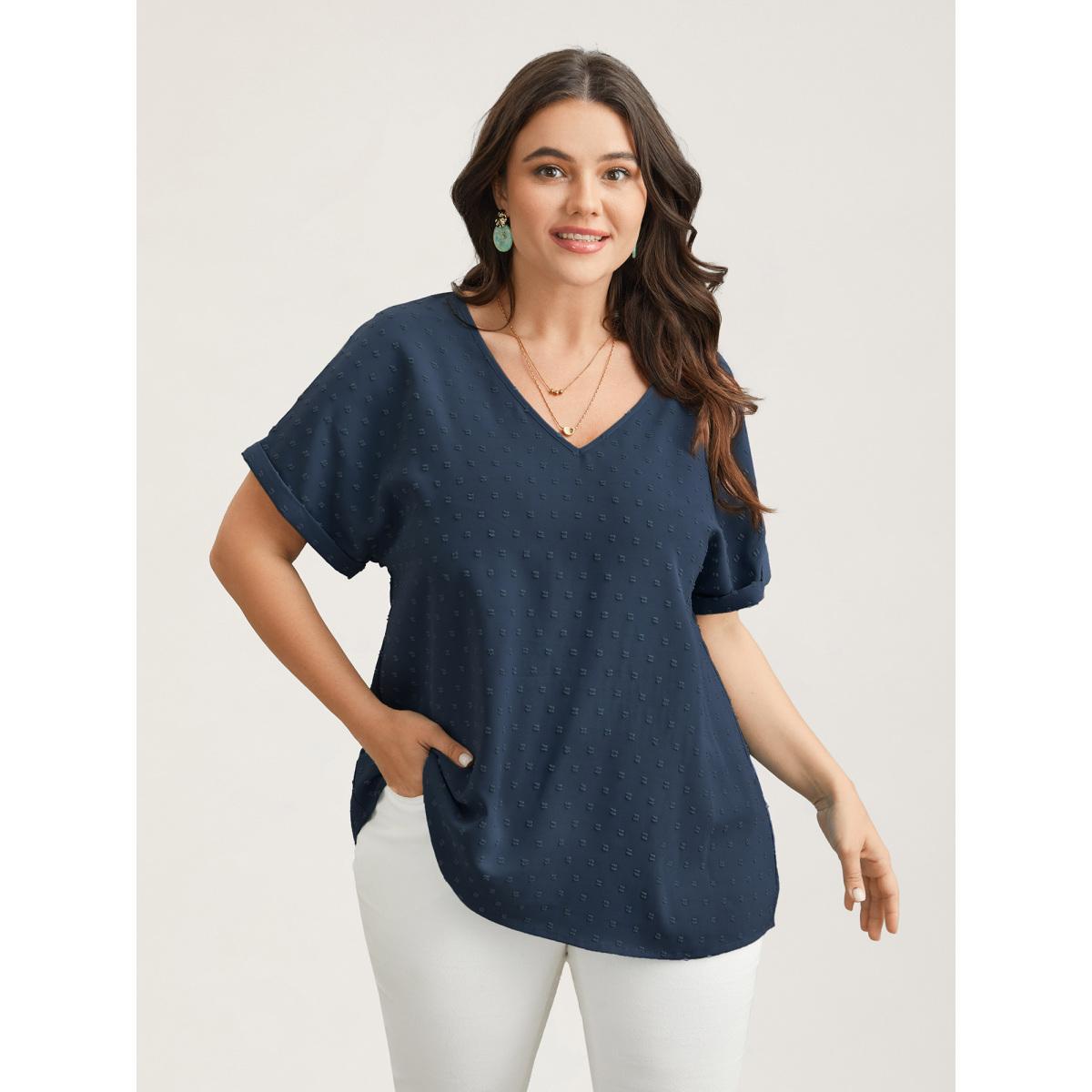 Plus Size Indigo Back-Button Textured V-Neck Shirt Women Elegant Short sleeve V-neck Everyday Blouses BloomChic 12/L Product Image