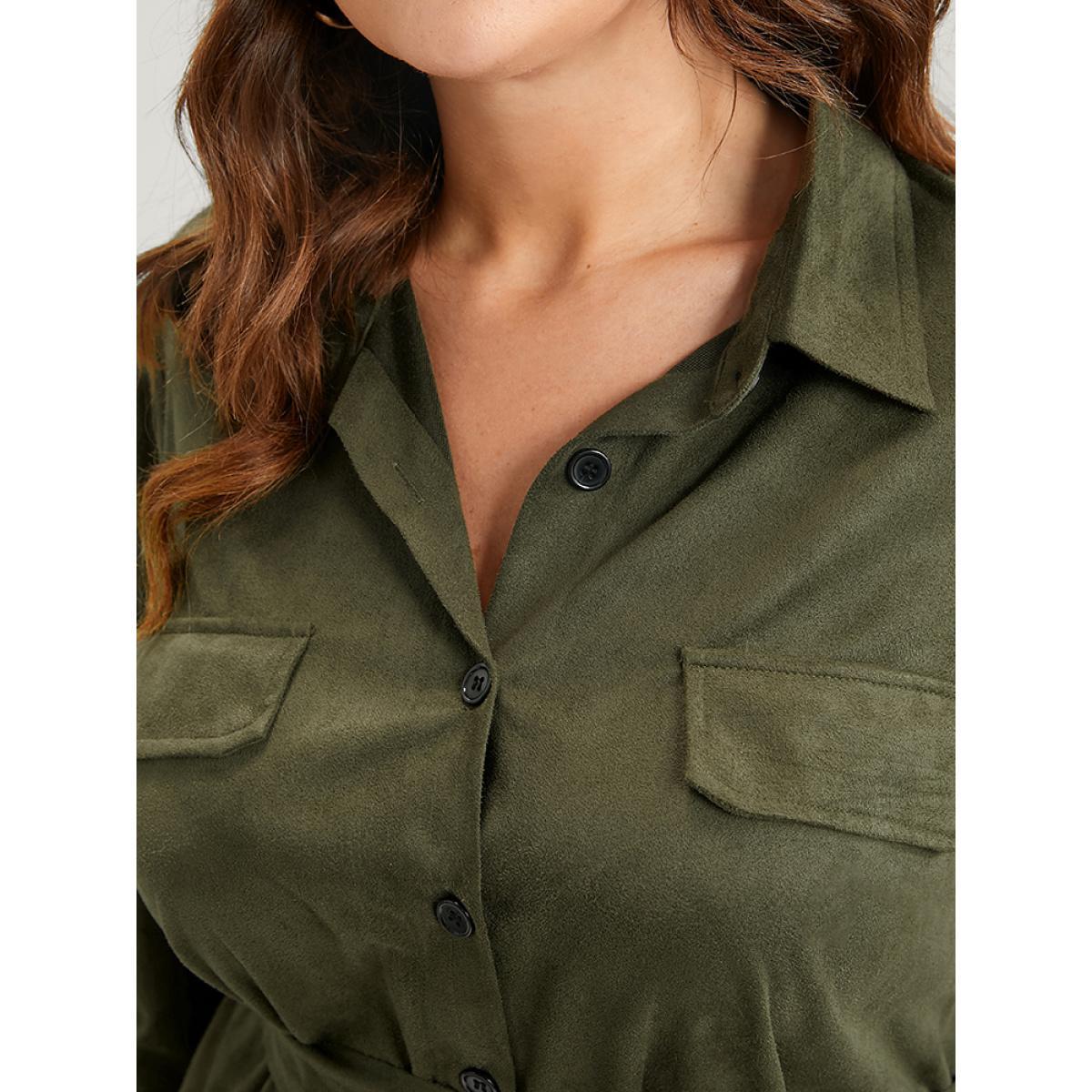 Plus Size Solid Cuffed Sleeve Pocket Button Down Belted Coat Women ArmyGreen Casual Belted Ladies Dailywear Winter Coats BloomChic 12/L Product Image