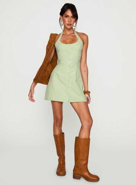 Mallorie Halter Mini Dress Green Check Product Image