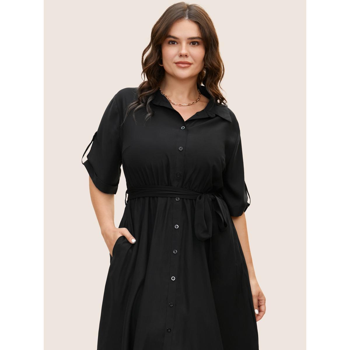 Plus Size Shirt Collar Tab Sleeve Split Hem Dress Black Women At the Office Belted Shirt collar Half Sleeve Curvy BloomChic 10/M Product Image