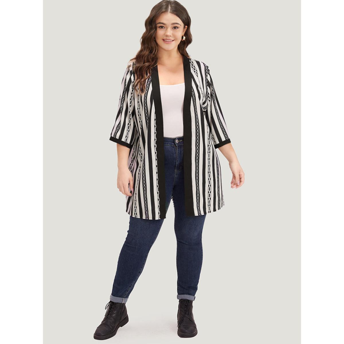 Plus Size Striped Patchwork Contrast Open Front Kimono Women Black Casual Contrast Loose Dailywear Kimonos BloomChic 30/6X Product Image