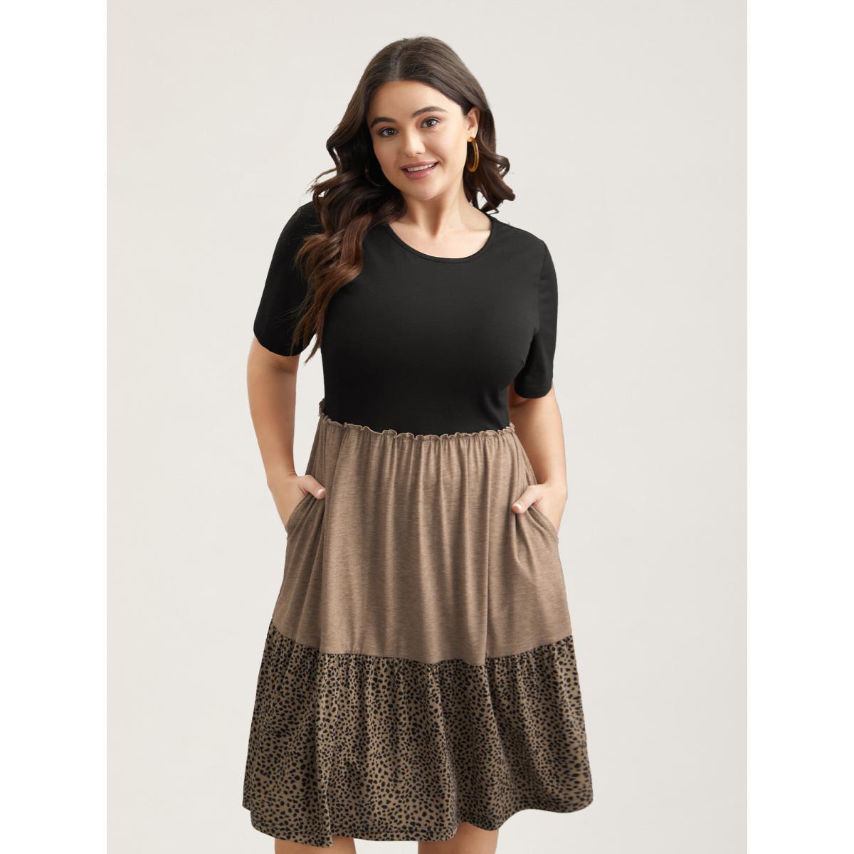 Plus Size Leopard Print Color-Block Pockets Midi Dress Multicolor Women Casual Frill Trim Knit Dresses Bloomchic 18-20/2X Product Image