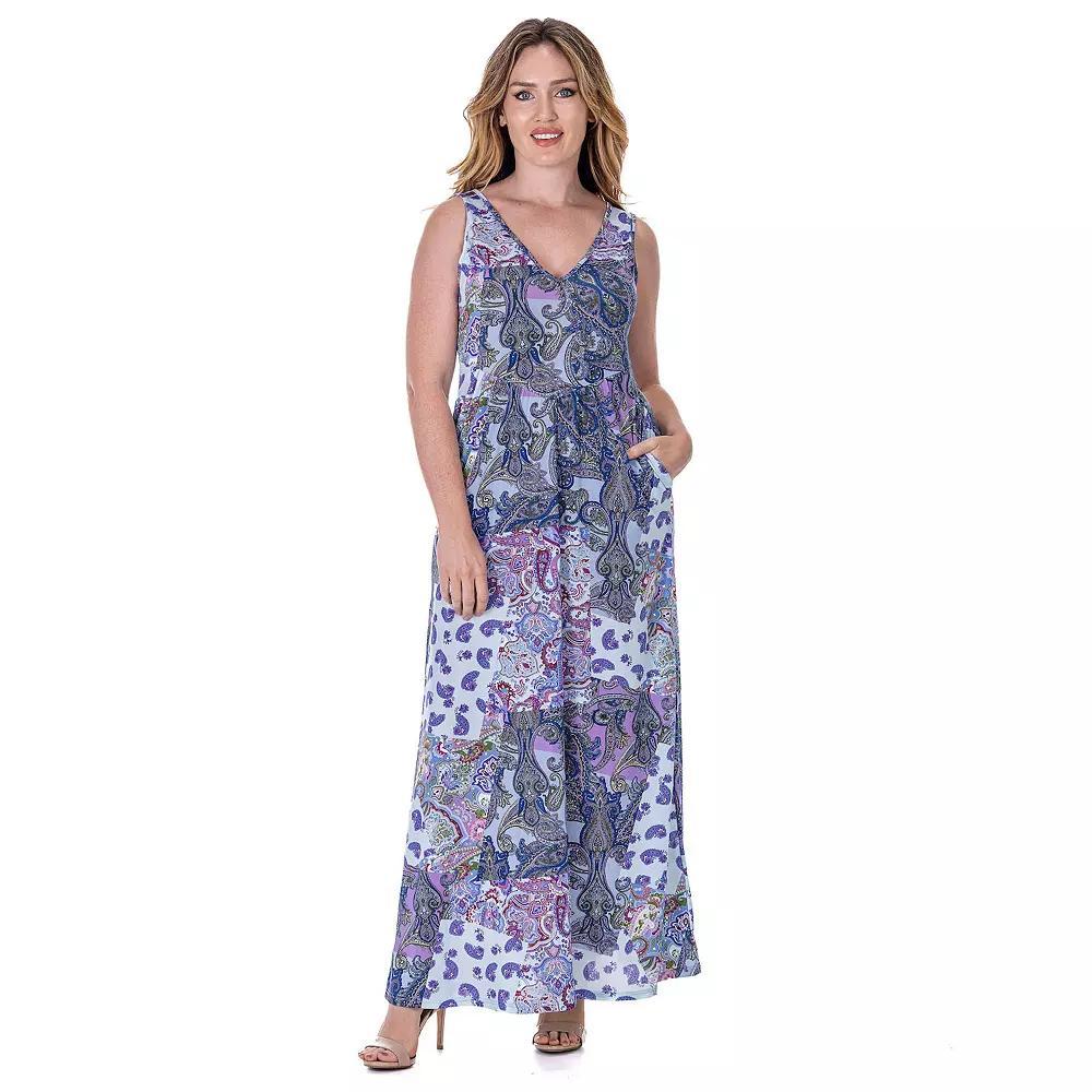 Women's 24Seven Comfort Apparel Paisley Sleeveless V Neck Maxi Dress With Pockets, Size: Small, Purple Team Product Image