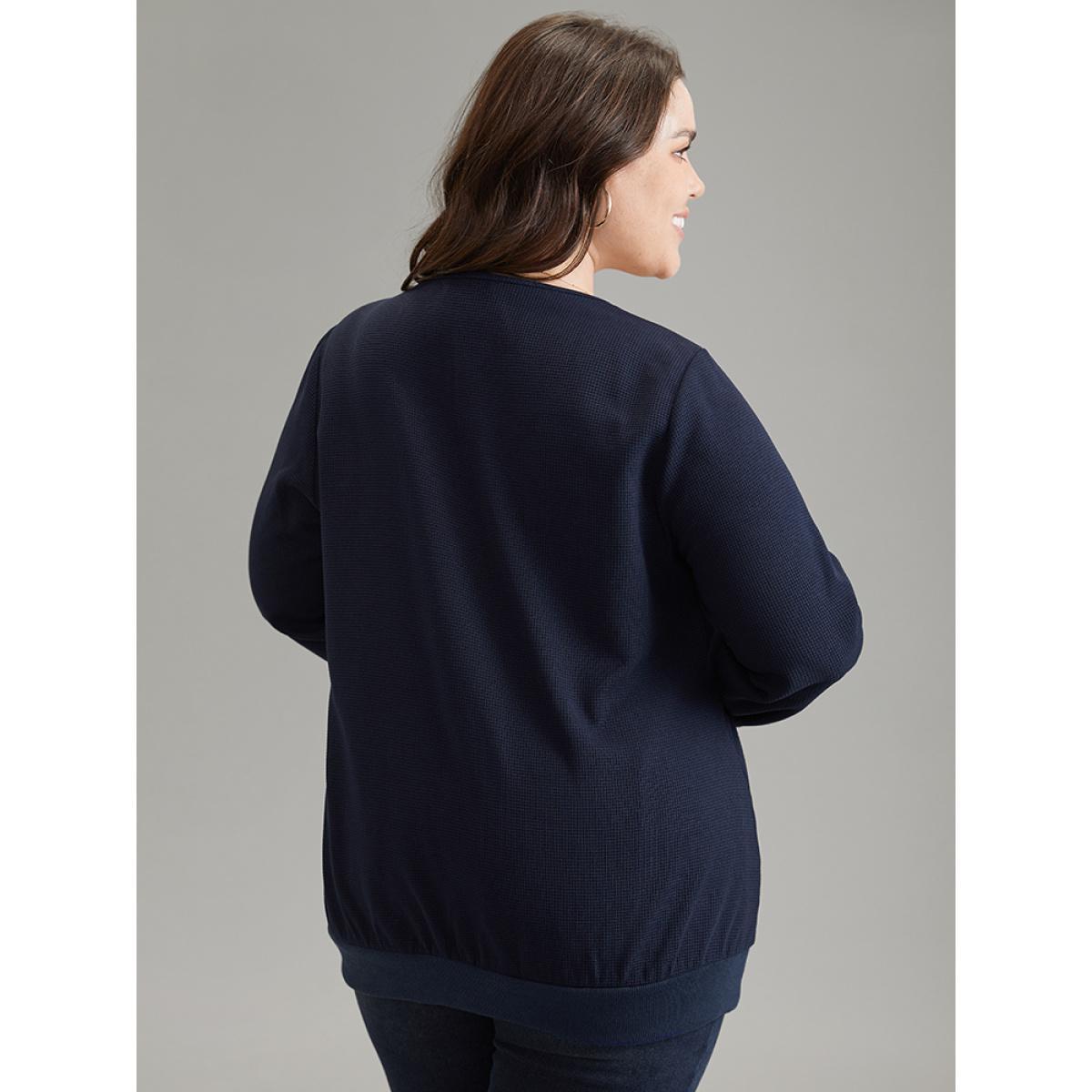 Plus Size Patchwork Lace Panel V Neck Waffle Knit Sweatshirt Women Blue Elegant Rib Knit V-neck Dailywear Sweatshirts BloomChic 30/6X Product Image
