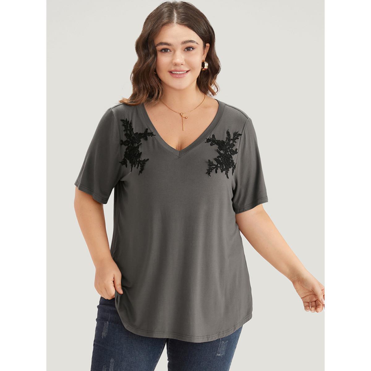 Plus Size Supersoft Essentials Floral V Neck Short Sleeve T-shirt DimGray Women Elegant Embroidered Silhouette Floral Print V-neck Dailywear T-shirts BloomChic 12/L Product Image