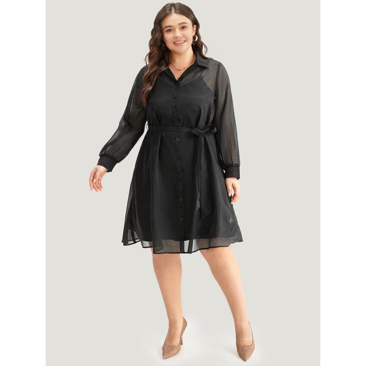 Plus Size Shirt Collar Button Up Belted Mesh Dress Black Women Elegant Lined Shirt collar Long Sleeve Curvy Midi Dress BloomChic 14-16/1X Product Image