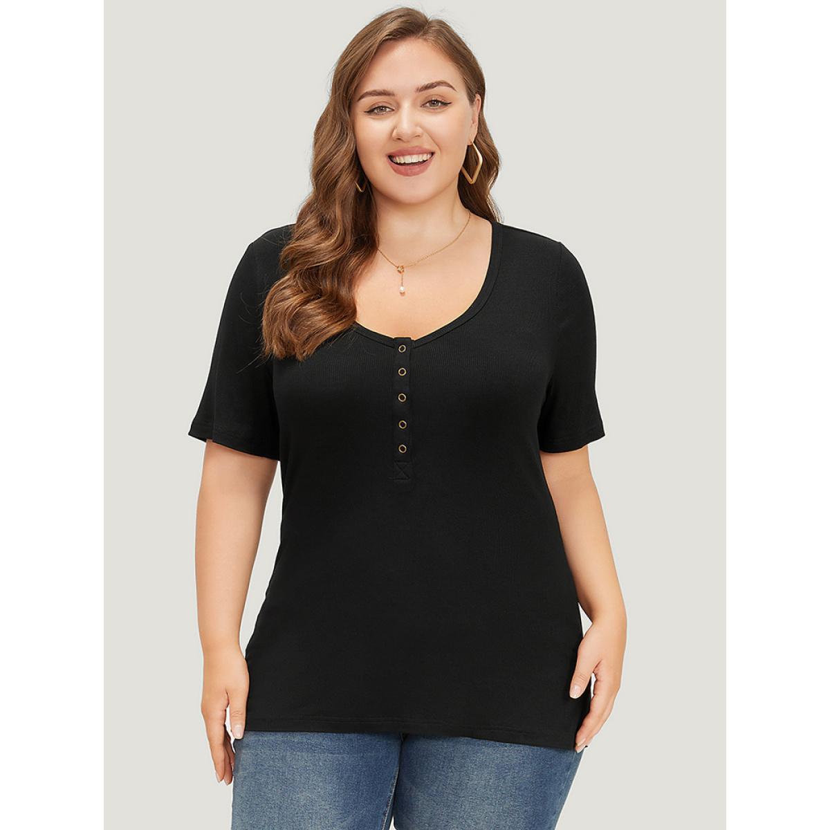 Plus Size Plain Scoop Neck Button Through Rib Knit T-shirt Black Women Casual Button Plain Scoop Neck Skinny Dailywear T-shirts BloomChic 18-20/2X Product Image