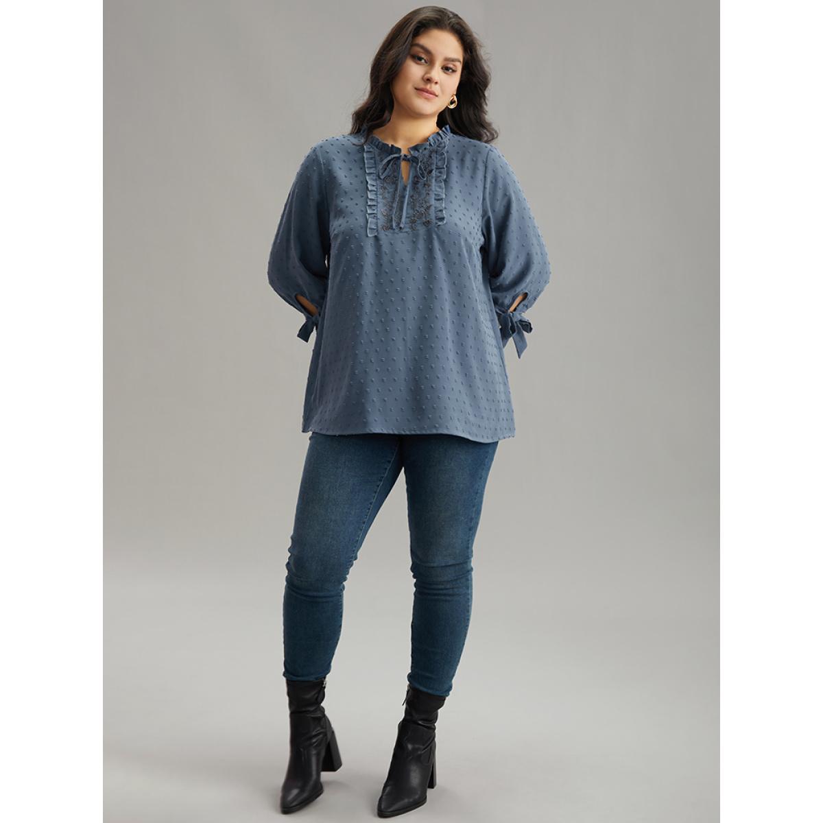 Plus Size Stone Textured Embroidered Frill Trim Tie Neck Blouse Women Vacation Long Sleeve Tie Neck Dailywear Blouses BloomChic 18-20/2X Product Image