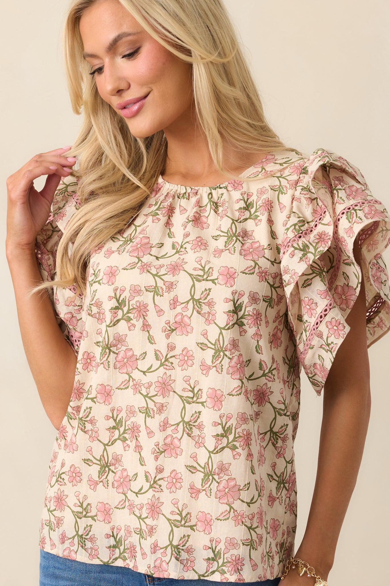 Secret Garden Path Cotton Rose Pink Flutter Sleeve Blouse Product Image