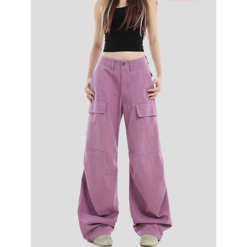 High Waist Plain Wide Leg Cargo Pants Product Image