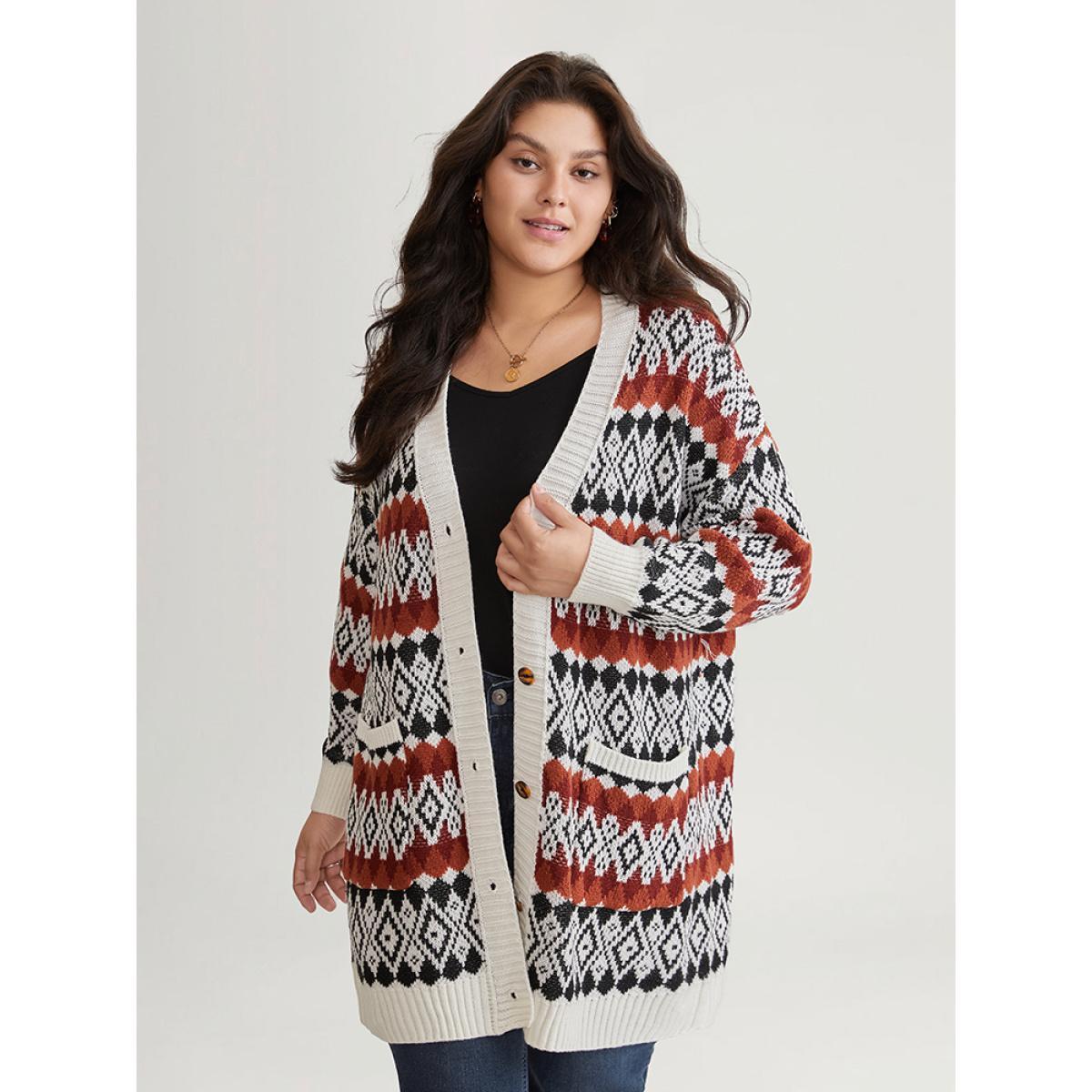 Plus Size Geometric Jacquard Pocket Button Up Cardigan Chocolate Women Casual Loose Long Sleeve Dailywear Cardigans BloomChic 22-24/3X Product Image