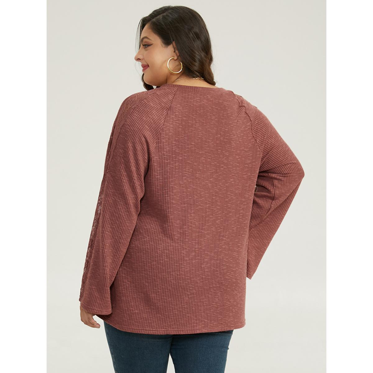 Plus Size Rib Knit Lace Panel Raglan Sleeve T-shirt DustyPink Women Elegant Texture Plain V-neck Dailywear T-shirts BloomChic 30/6X Product Image