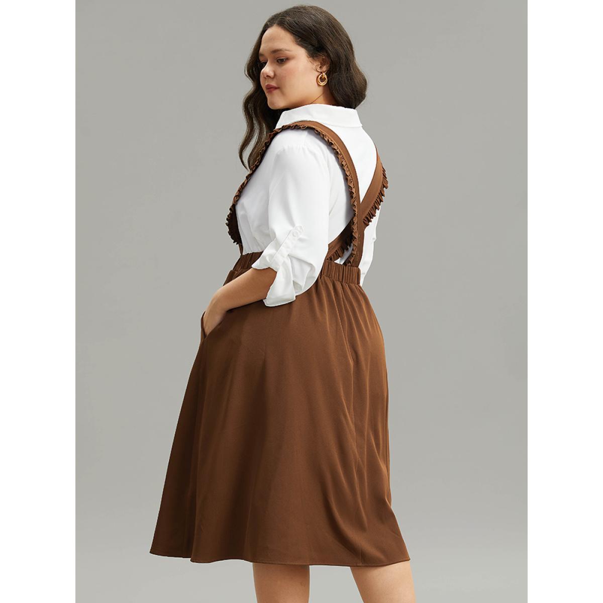 Plus Size Elastic Waist Button Detail Frill Trim Overall Skirt Women Rust At the Office Plain No stretch Pocket Work Skirts BloomChic 14-16/1X Product Image