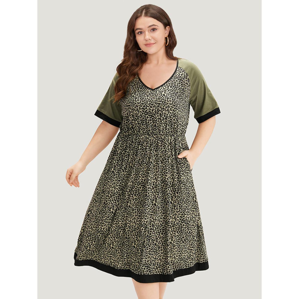 Plus Size Leopard Print Pocket Patchwork Gathered Contrast Trim Dress ArmyGreen Women Casual Gathered V-neck Half Sleeve Curvy Midi Dress BloomChic 18-20/2X Product Image