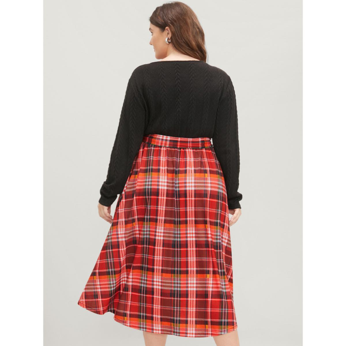 Plus Size Plaid Patchwork Pocket Cable Knit Belted Surplice Neck Dress Black Women Elegant Patchwork V-neck Long Sleeve Curvy Midi Dress BloomChic 12/L Product Image