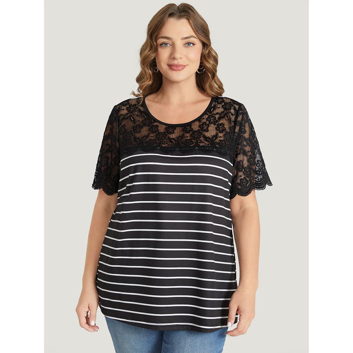 Plus Size Striped Patchwork Lace Scalloped Trim T-shirt Black Women Elegant Contrast Striped Round Neck Dailywear T-shirts BloomChic 18-20/2X Product Image