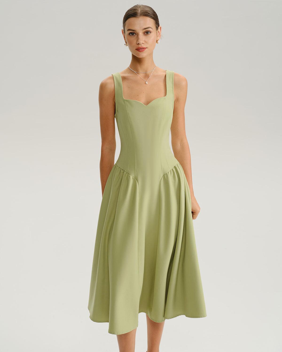 Green Sweetheart Neck Slip Midi Dress Product Image