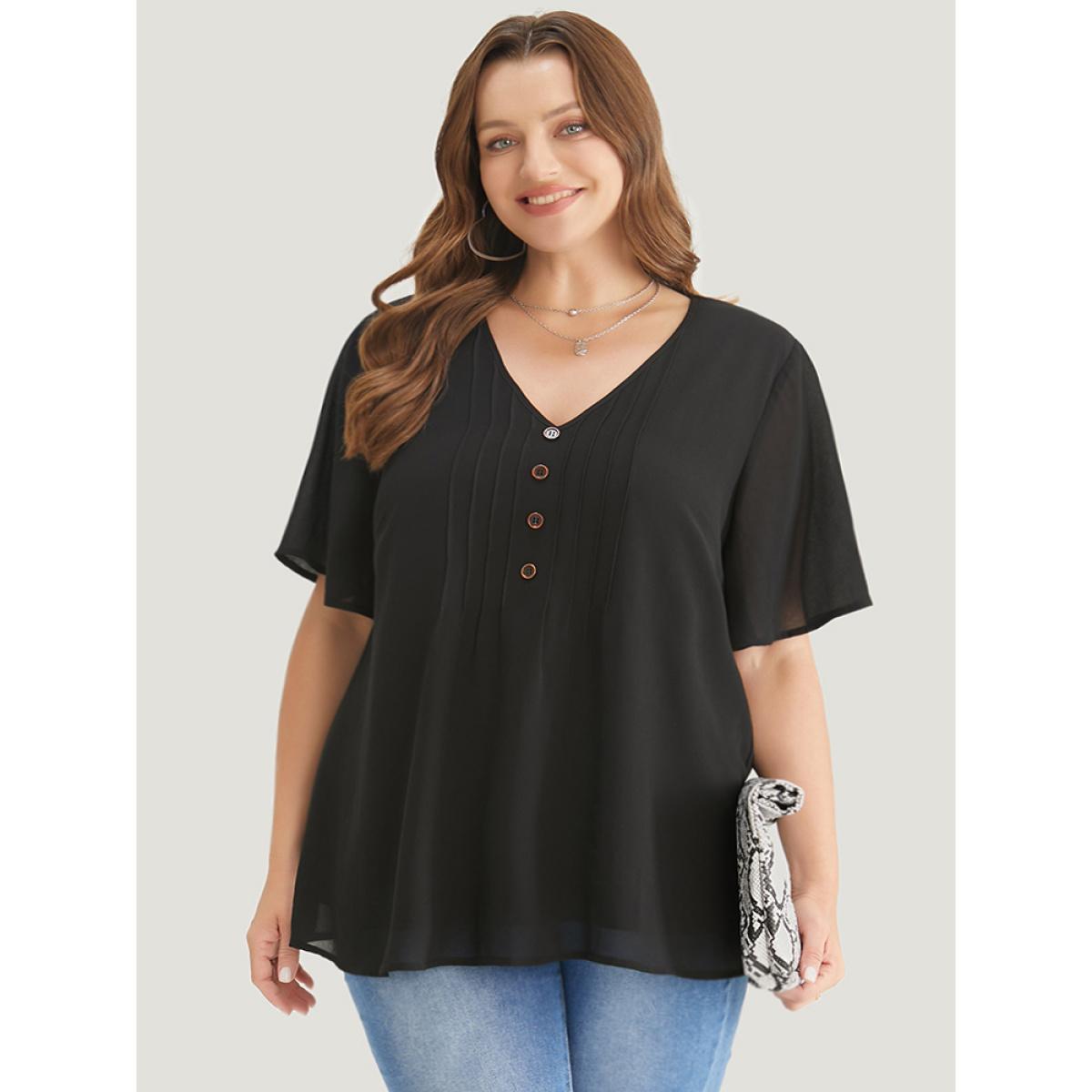 Plus Size Black Plain V Neck Mesh Ruffle Sleeve Button Detail Blouse Women Casual Short sleeve V-neck Work Blouses BloomChic 14-16/1X Product Image