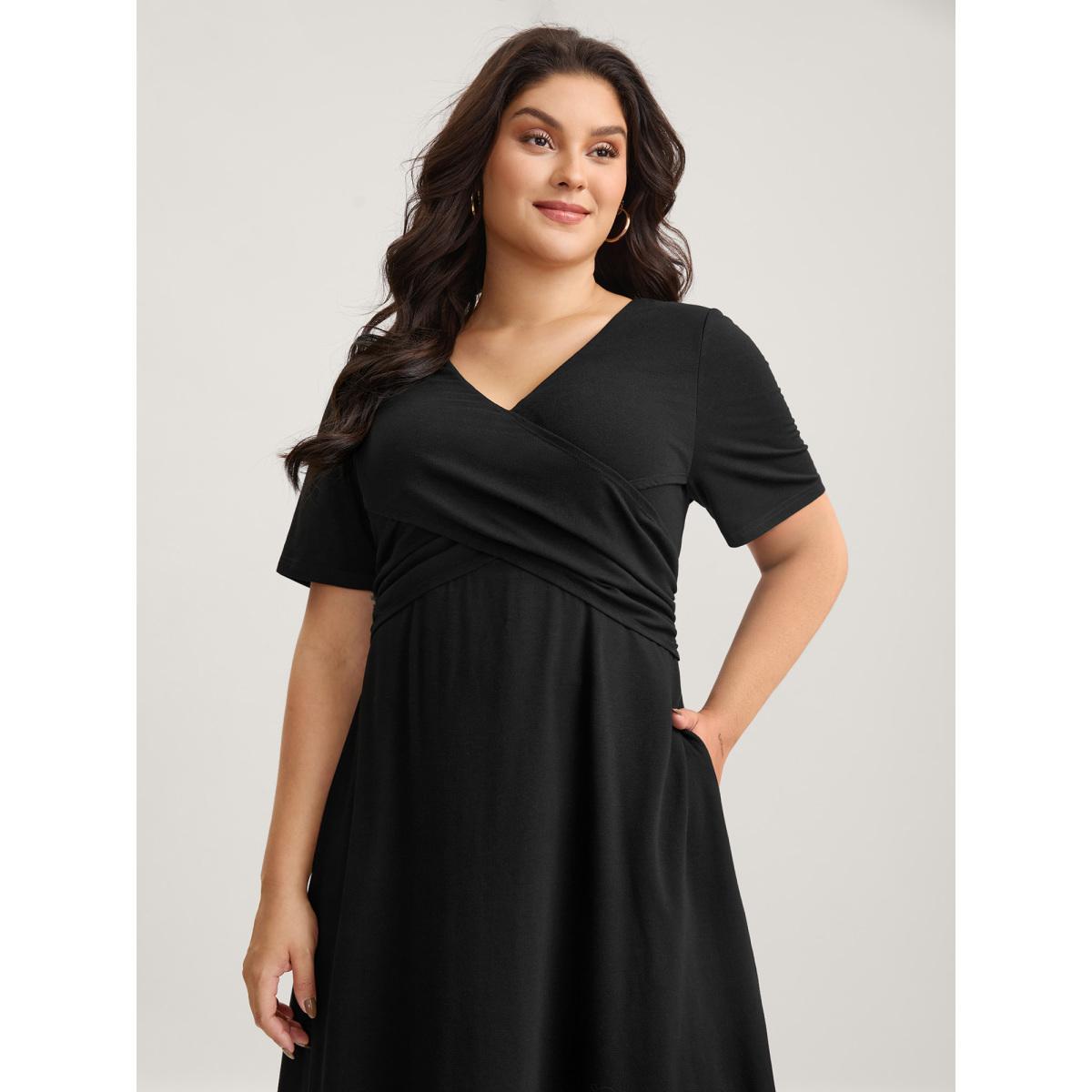 Plus Size Overlap Bodice Solid Knit Pockets Midi Dress Black Women Overlap Collar Short sleeve Curvy BloomChic 12/L Product Image