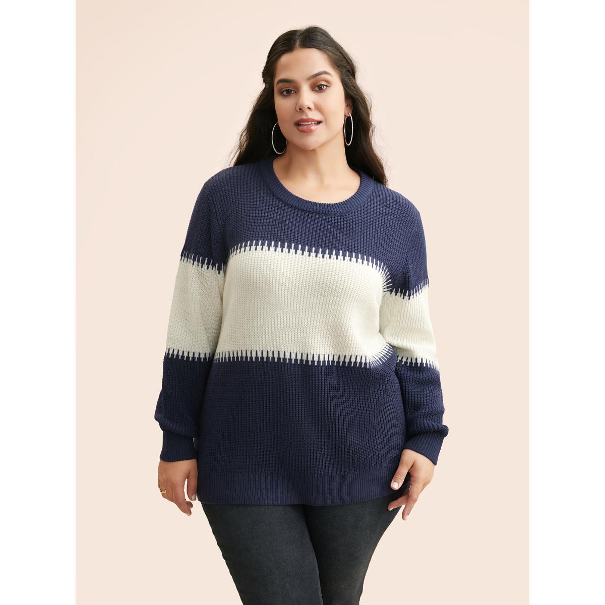 Plus Size Crew Neck Contrast Patchwork Pullover Indigo Women Casual Loose Long Sleeve Round Neck Everyday Pullovers BloomChic 26/4X Product Image