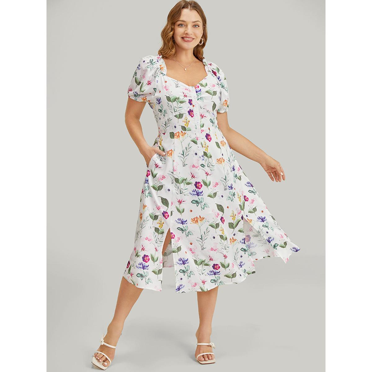 Plus Size Floral Split Hem Button Detail Pocket Ruched Puff Sleeve Dress Multicolor Women Elegant Ruched V-neck Short sleeve Curvy Midi Dress BloomChic 22-24/3X Product Image