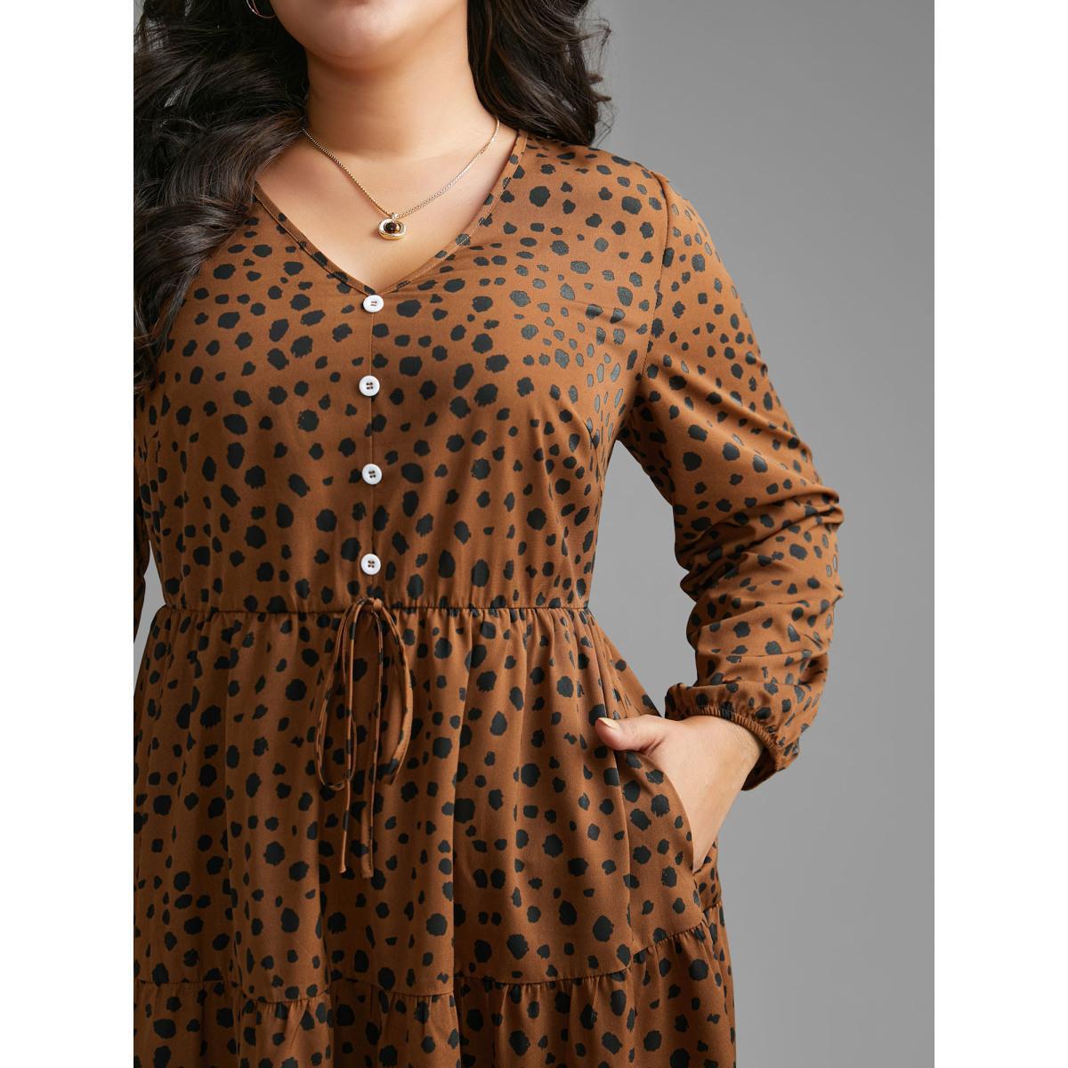 Plus Size Leopard Print Tie Knot Ruffle Layered Hem Dress Browncoffeecolor Women Elegant Tie knot V-neck Long Sleeve Curvy BloomChic 12/L Product Image