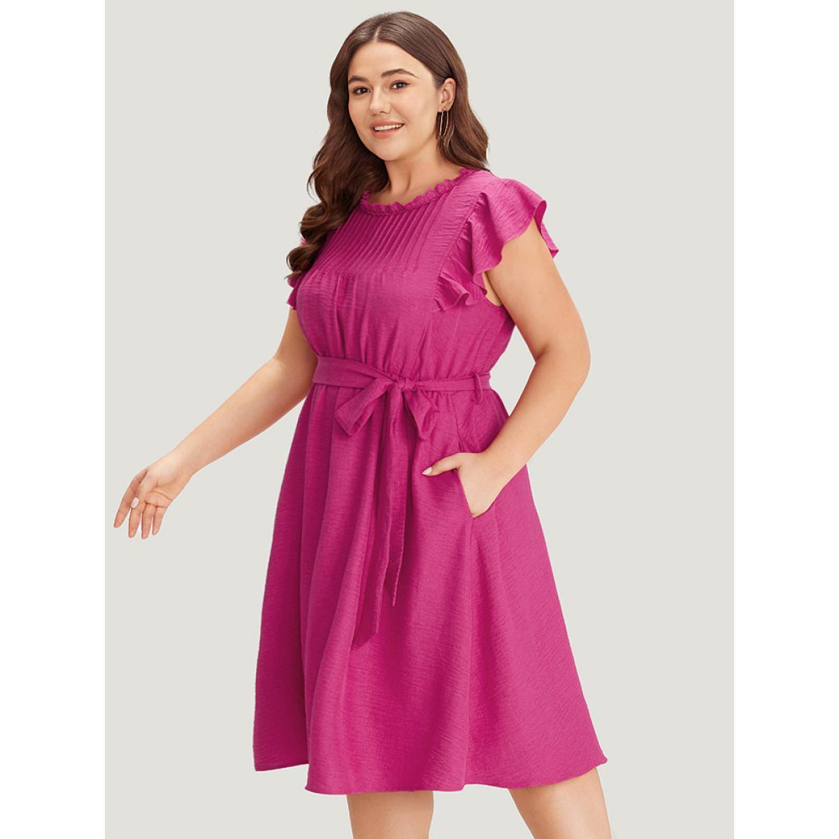Plus Size Solid Pocket Lace Insert Pleated Flutter Sleeve Dress RedViolet Women Office Gathered Round Neck Sleeveless Curvy Knee Dress BloomChic 30/6X Product Image