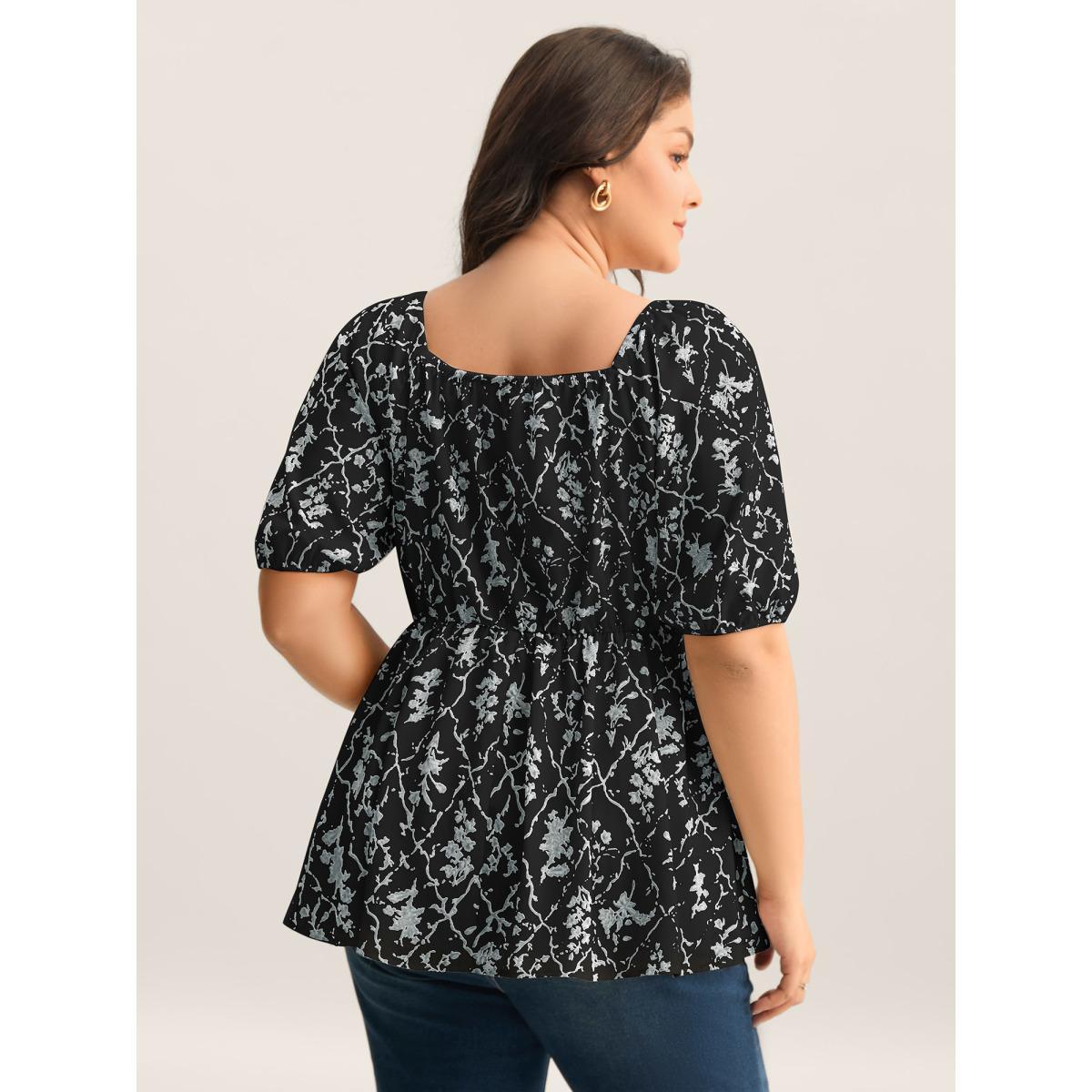 Plus Size Black Floral Pleated Bodice Puffy Sleeve Blouse Women Half Sleeve Square Neck Everyday-Elegant Blouses BloomChic 18-20/2X Product Image