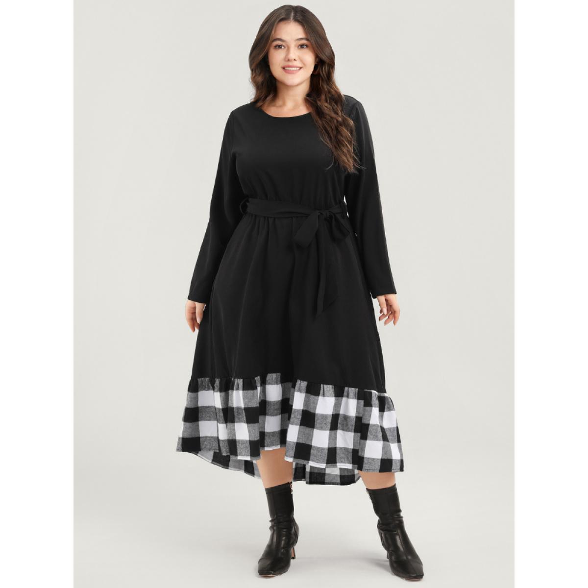 Plus Size Plaid Patchwork Pocket Belted Asymmetrical Hem Dress Black Women Elegant Belted Round Neck Long Sleeve Curvy Midi Dress BloomChic 10/M Product Image