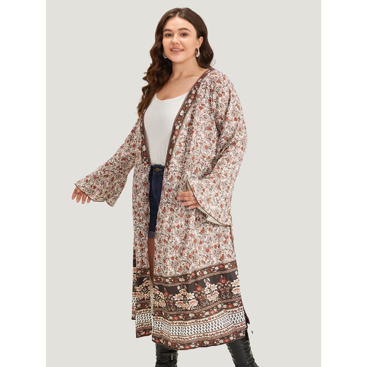 Plus Size Bandana Print Belted Open Front Bell Sleeve Kimono Women Maroon Resort Belted Loose Belt Vacation Kimonos BloomChic 26/4X Product Image