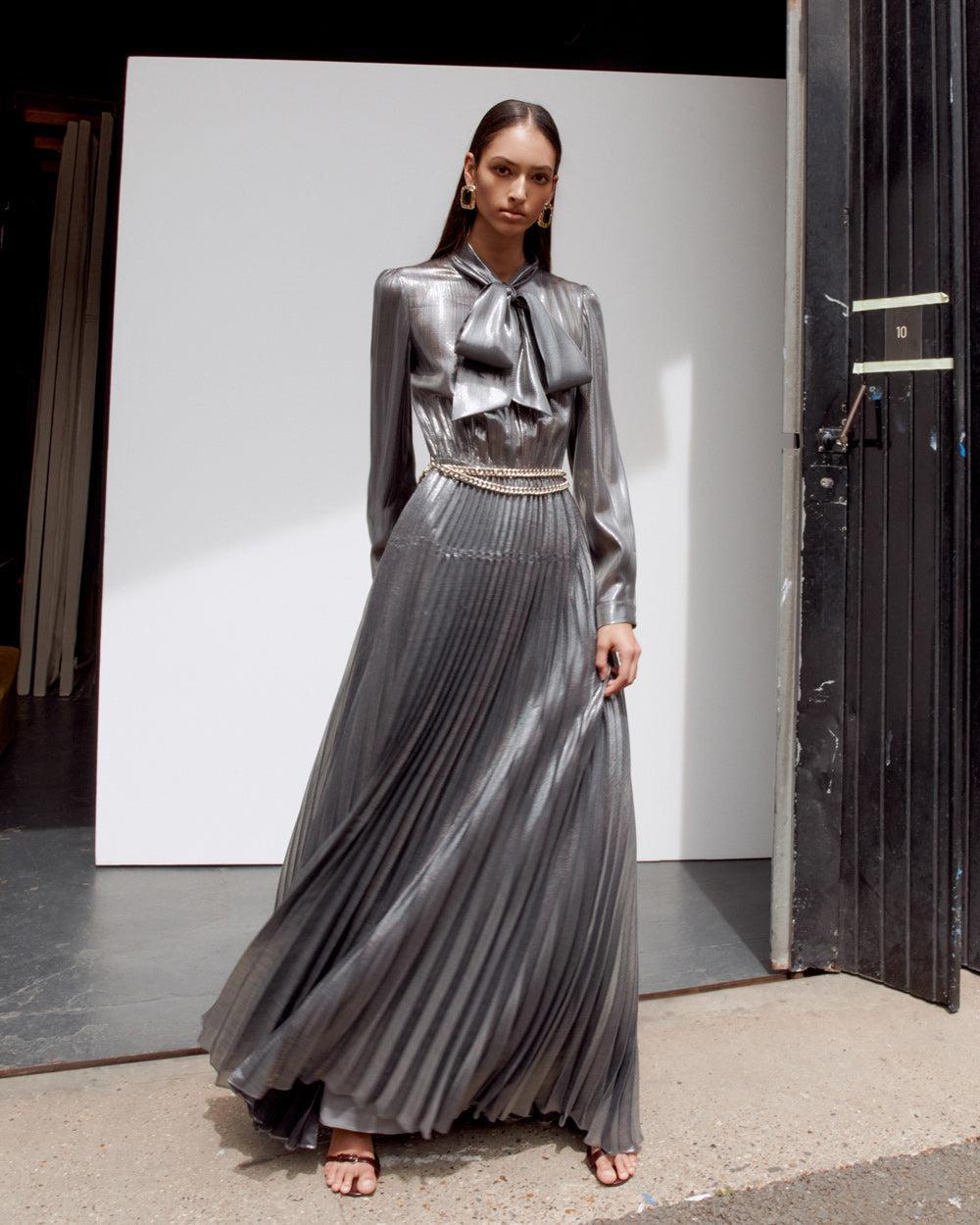 Grey Metallic Pussy Bow Maxi Dress Product Image