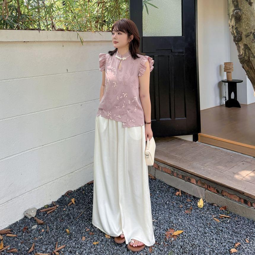 Plus Size Cap-Sleeve Stand Collar Floral Print Cutout Frog Buttoned Blouse Product Image