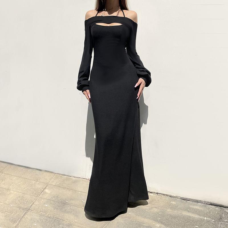 Set: Halter Plain Maxi Mermaid Dress + Long Sleeve Off Shoulder Shrug Product Image