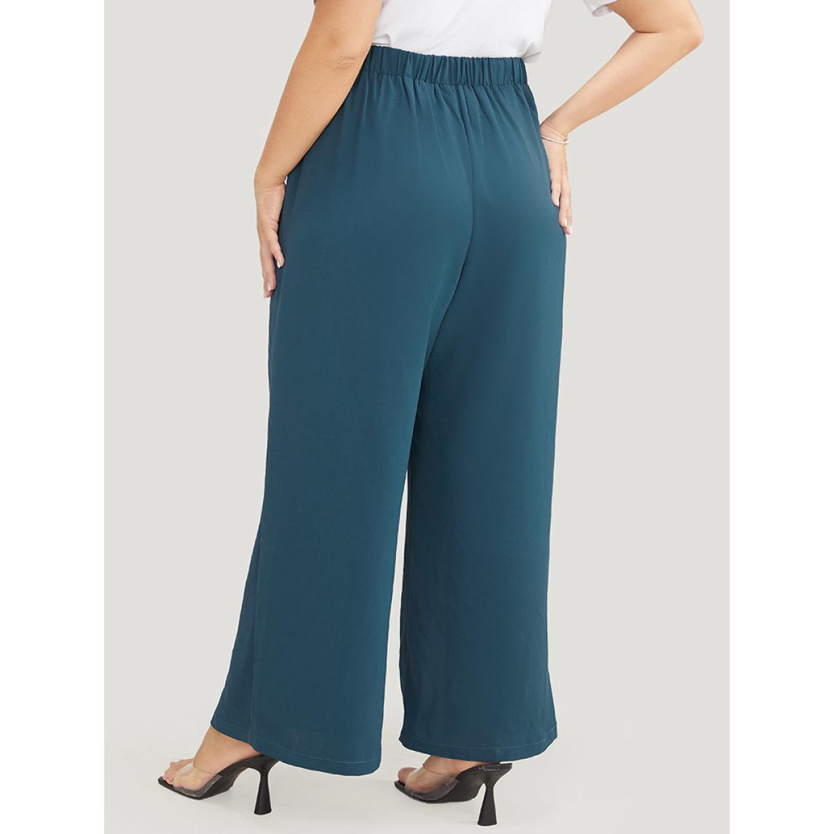 Plus Size Split Hem Elastic Waist Pocket Pants Women Cyan Office Mid Rise Work Pants BloomChic 14-16/1X Product Image