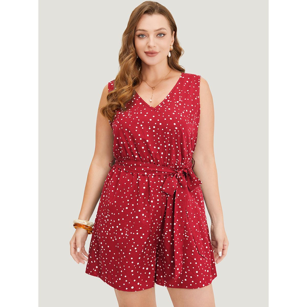 Plus Size Scarlet Polka Dot V Neck Pocket Sleeveless Belted Romper Women Elegant Sleeveless V-neck Everyday Loose Jumpsuits BloomChic 22-24/3X Product Image