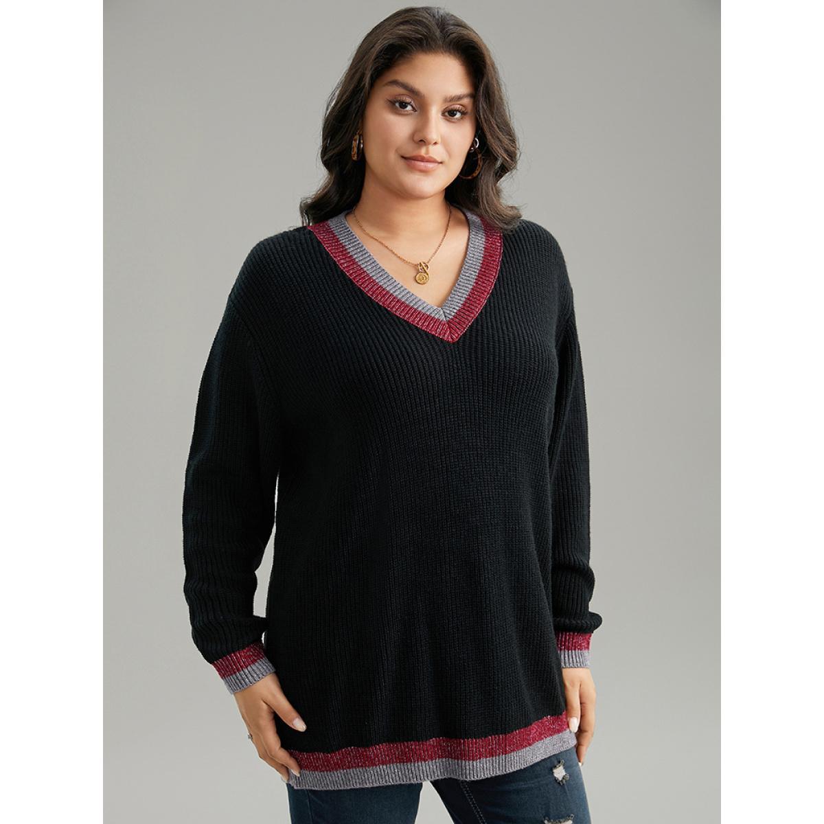 Plus Size Two Tone Trim V Neck Plisse Pullover Black Women Casual Loose Long Sleeve V-neck Dailywear Pullovers BloomChic 28/5X Product Image