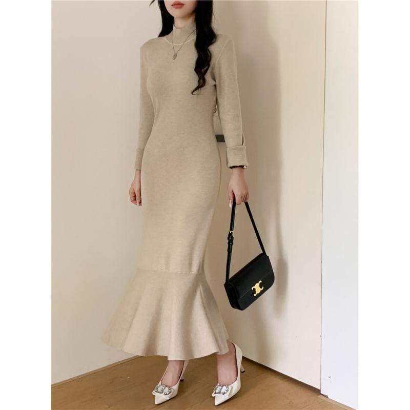 Long-Sleeve Mock Neck Plain Knit Maxi Mermaid Dress Product Image