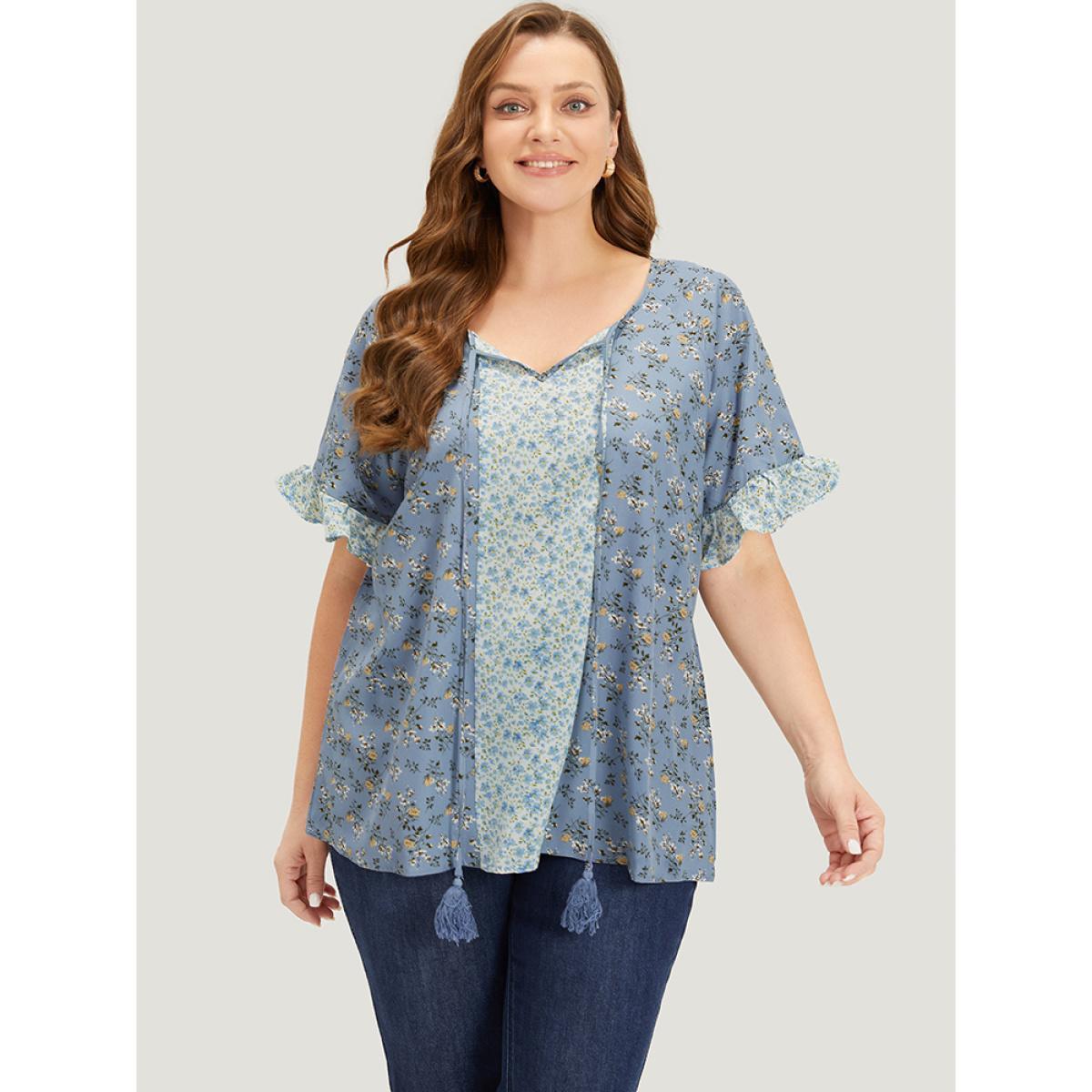 Plus Size Stone Ditsy Floral Tassels Tie Patchwork Ruffle Sleeve Blouse Women Elegant Short sleeve Tie Neck Dailywear Blouses BloomChic 18-20/2X Product Image
