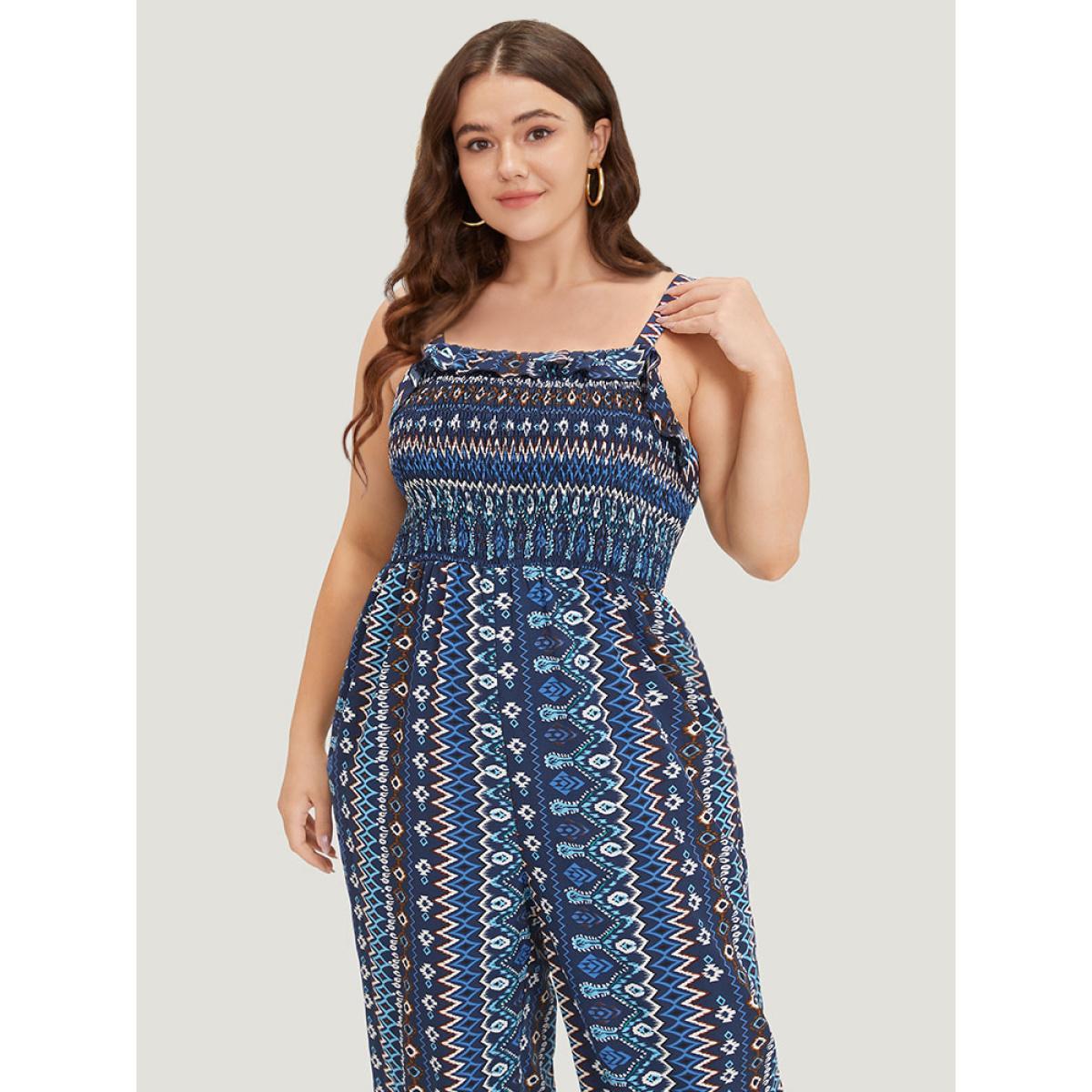 Plus Size DarkBlue Boho Print Shirred Pocket Elastic Wais Ruffle Trim Cami Jumpsuit Women Elegant Sleeveless Spaghetti Strap Dailywear Loose Jumpsuits BloomChic 18-20/2X Product Image