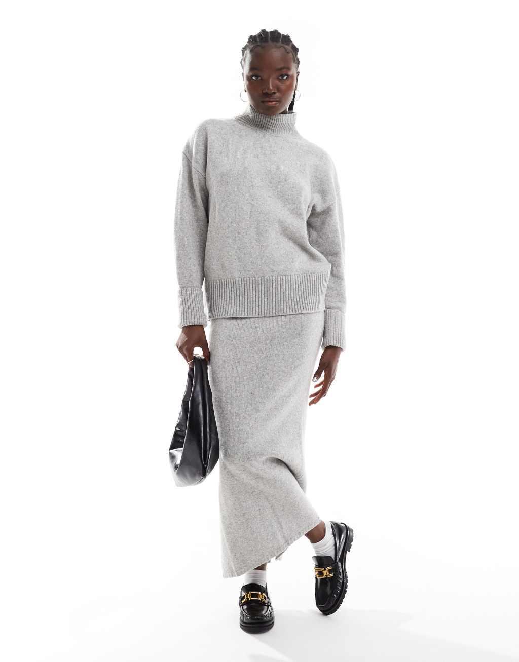 ASOS DESIGN knitted high neck sweater with turn back cuffs in mid gray Product Image