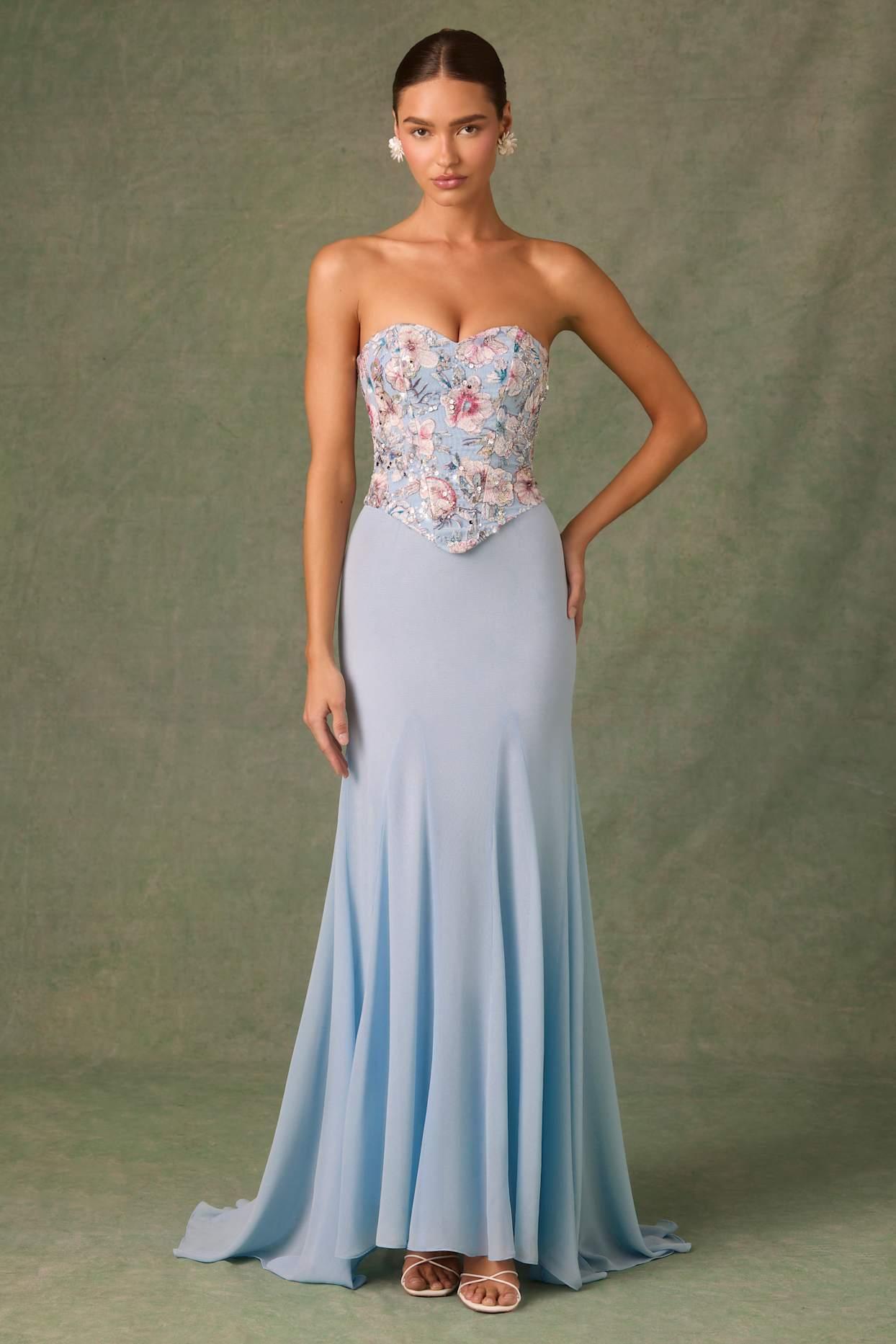 Embellished Corset Fishtail Gown in Floral Blue Product Image