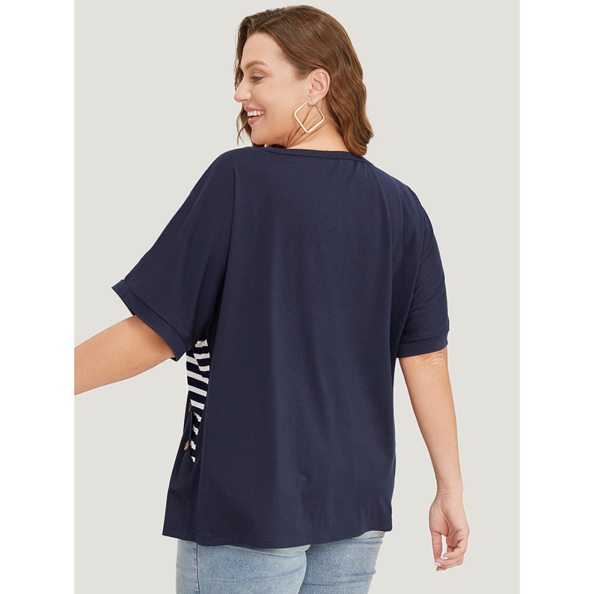Plus Size Striped Contrast Wrap Batwing Sleeve Patchwork T-shirt Indigo Women Casual Wrap Striped V-neck Dailywear T-shirts BloomChic 22-24/3X Product Image