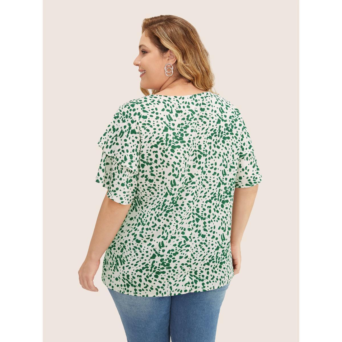 Plus Size Emerald Leopard Crew Neck Ruffle Tiered Sleeve Blouse Women Elegant Short sleeve Round Neck Everyday Blouses BloomChic 10/M Product Image
