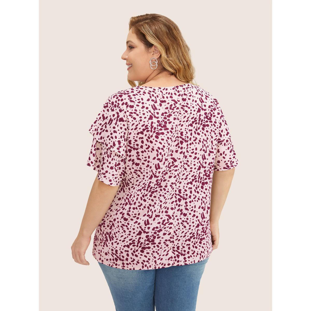 Plus Size RedViolet Leopard Crew Neck Ruffle Tiered Sleeve Blouse Women Elegant Short sleeve Round Neck Everyday Blouses BloomChic 18-20/2X Product Image