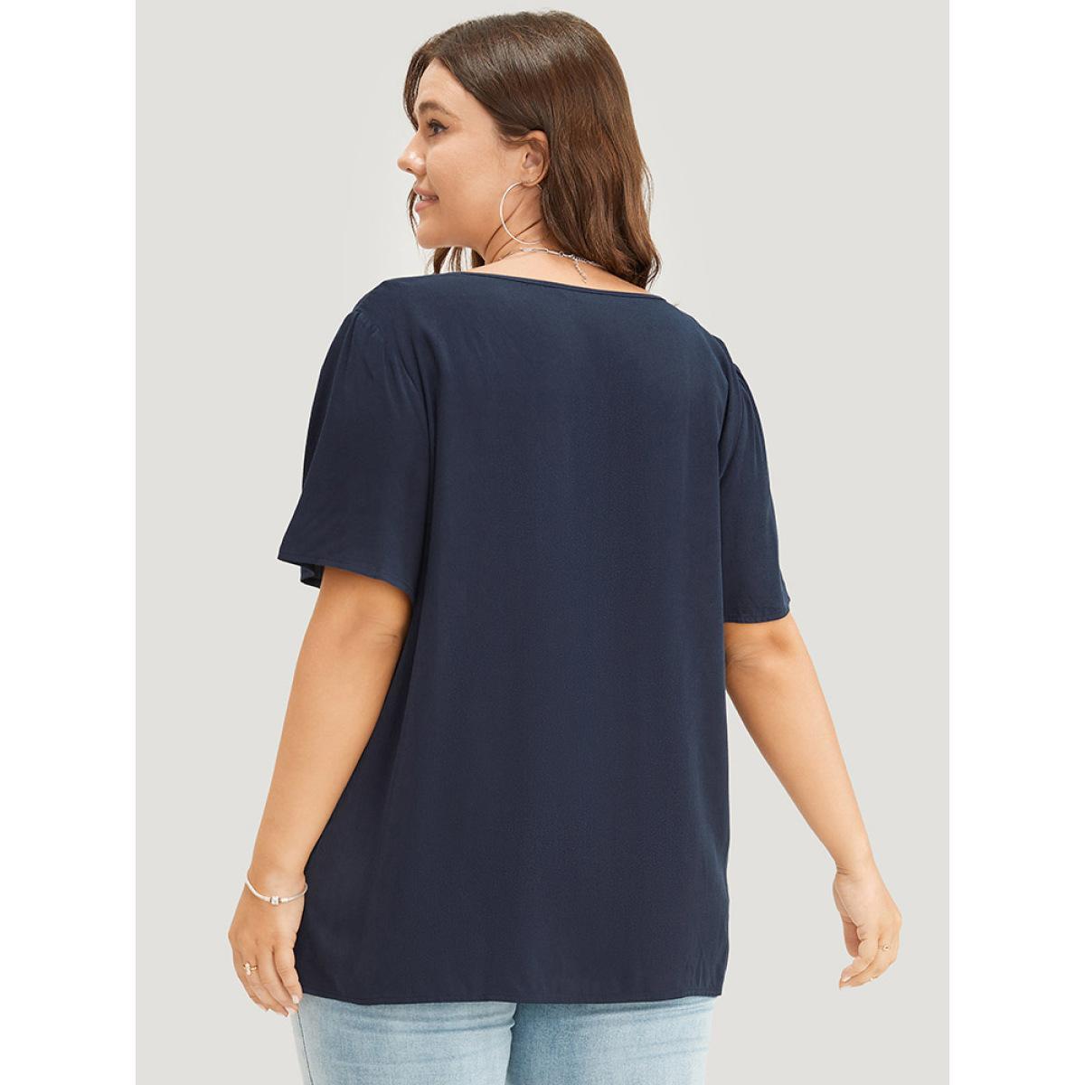 Plus Size Indigo Solid Pleated Detail Tie Neck Ruffle Blouse Women Office Short sleeve Tie Neck Dailywear Blouses BloomChic 22-24/3X Product Image