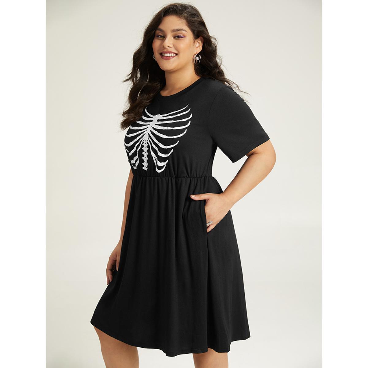Plus Size Halloween Skull Print Pocket Elastic Waist Dress Black Women Casual Gathered Curvy Midi Dress BloomChic 30/6X Product Image