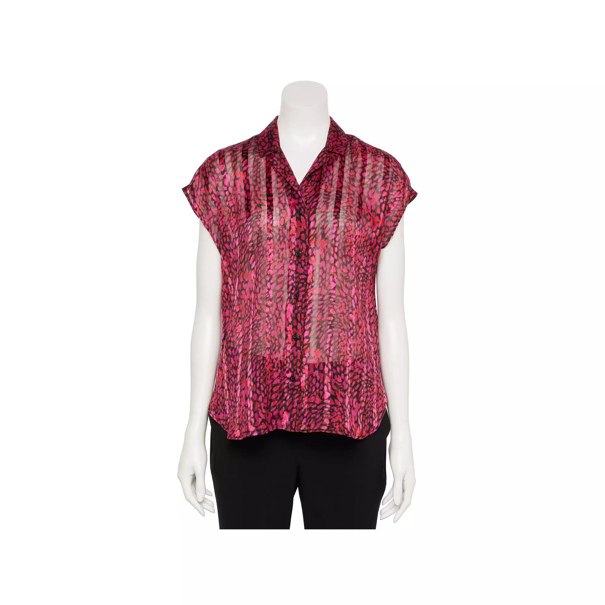 Women's Nine West Adaptive Short Sleeve Button Down Lapel Collar Shirt, Size: Medium, Black Simple Swirl Product Image