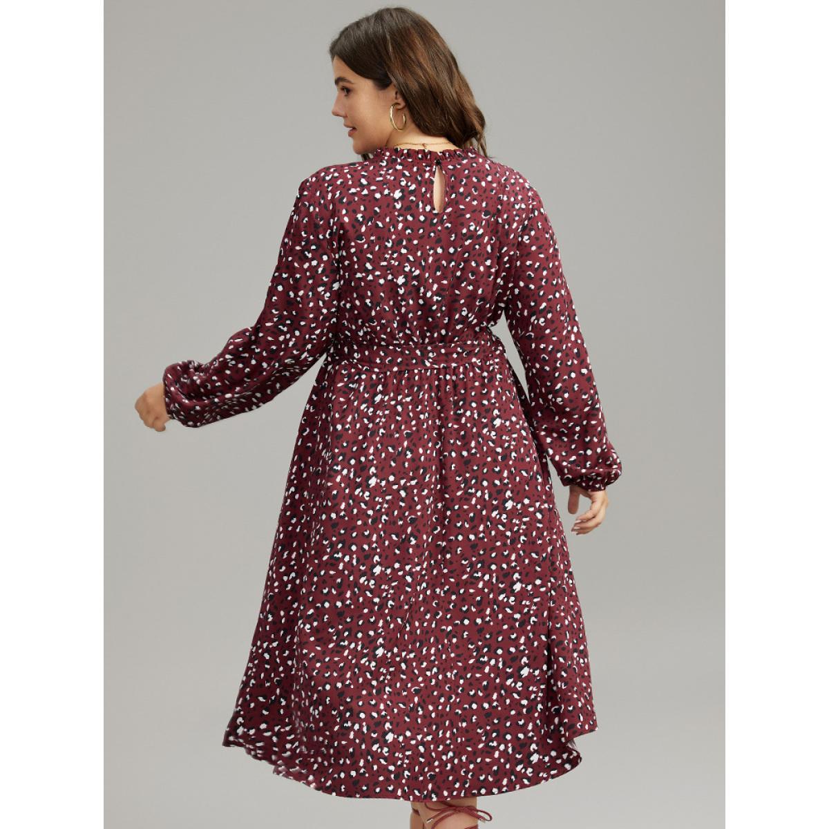 Plus Size Allover Print Elastic Cuffs Frill Trim Belted Dress Burgundy Women Elegant Elastic cuffs Mock Neck Long Sleeve Curvy Midi Dress BloomChic 14-16/1X Product Image